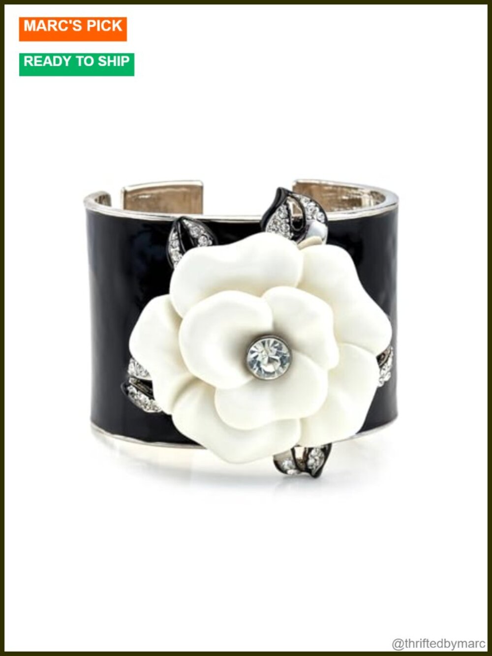Wide Enamel Cuff Bracelet with Flower Design